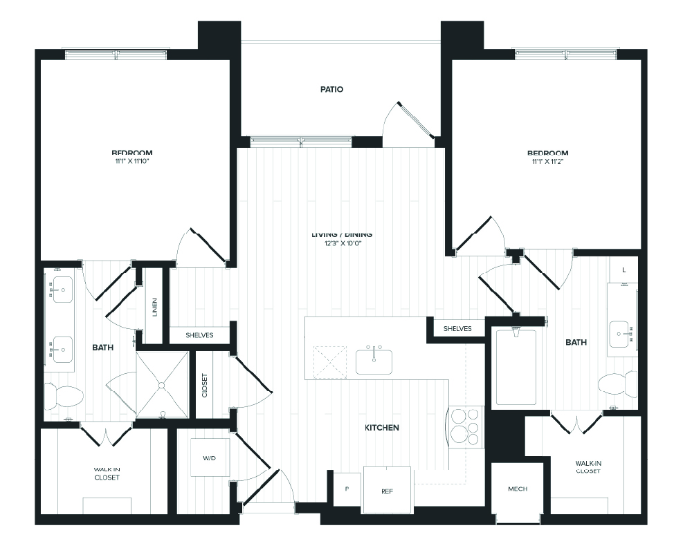 Floor plan for 2 beds, 2 baths, 926 sqft